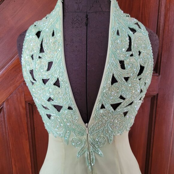 Mint Green Sleeveless Beaded Lace Dress With Halter Neck & Open Back Design - Picture 4 of 16